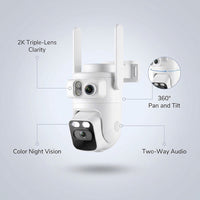 Home Security Camera System Wireless, 2K Triple Lens Cameras | Add-On Cam, 24/7 Record, 360° Pan & Tilt, Auto Tracking, Motion Detection, 2.4/5Ghz Wifi, Color Night Vision, 2-Way Audio — infographic