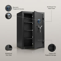 Biometric Home Safe Built to Protect Valuables, 60 Minute Fire Rating, 10.5 Cubic Feet, Waterproof Steel — infographic
