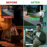 Home Security Camera System Wireless, 2K Triple Lens Cameras | Add-On Cam, 24/7 Record, 360° Pan & Tilt, Auto Tracking, Motion Detection, 2.4/5Ghz Wifi, Color Night Vision, 2-Way Audio — Before & After