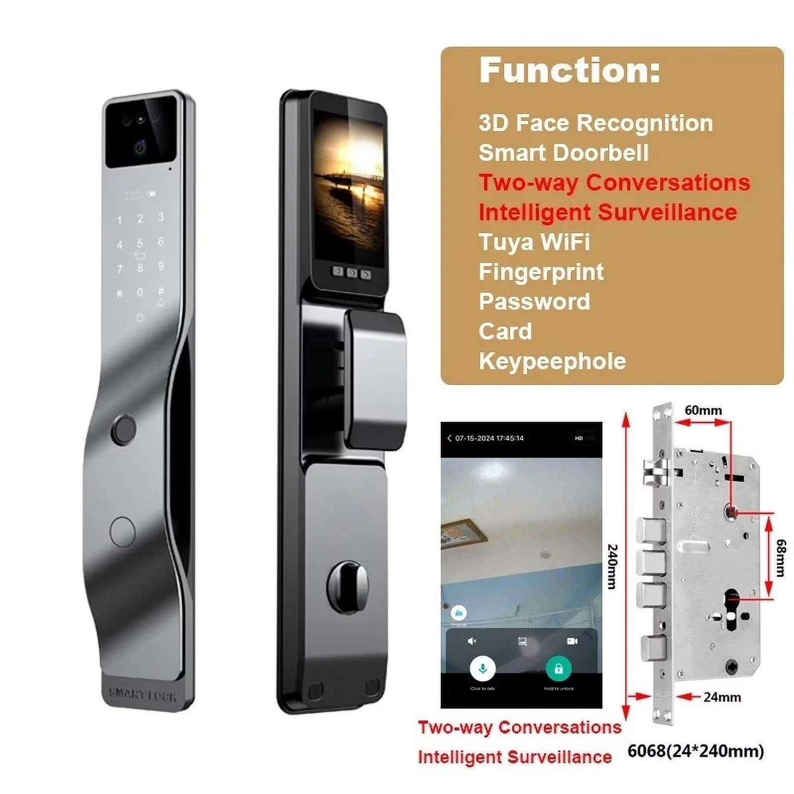 Smart Door Lock 3D Face Recognition Smart Home Door Lock Wifi NFC Digital Electronic Lock Wifi Camera Rfid Card Works ,Long Lasting