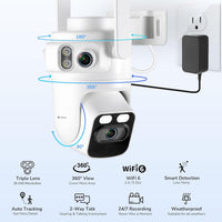Home Security Camera System Wireless, 2K Triple Lens Cameras | Add-On Cam, 24/7 Record, 360° Pan & Tilt, Auto Tracking, Motion Detection, 2.4/5Ghz Wifi, Color Night Vision, 2-Way Audio