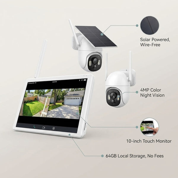 Solar Security Camera System Built to Guard Your Property, 4MP HD Video, Color Night Vision, 64GB Local Storage