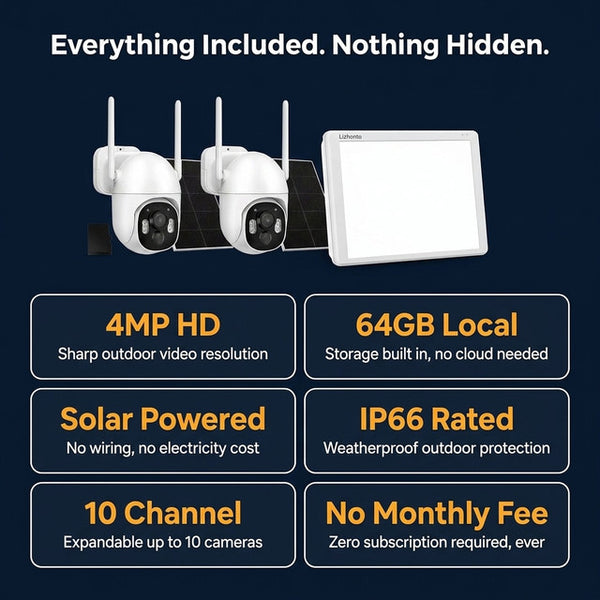 4MP Solar Wireless Security Cameras with Touch Monitor, 2-Cam Kit | 10CH Expandable, 64GB Local Storage, No Monthly Fee, Wifi, Color Night Vision, Motion Alerts for Yard Garage, IP 66 Outdoor — Results & Stats