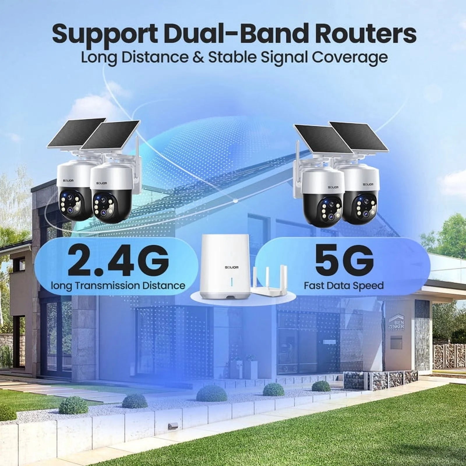 Wireless Outdoor Solar Security Camera 4-Cam Kit, 360° Auto Tracking with Radar, 5G/2.4G Wifi, 4K UHD Day & Night, No Fee, Home Security