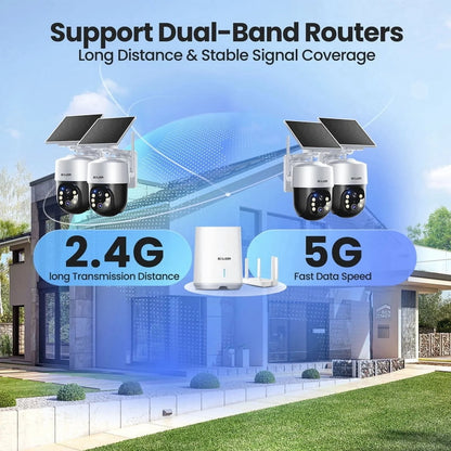 Wireless Outdoor Solar Security Camera 4-Cam Kit, 360° Auto Tracking with Radar, 5G/2.4G Wifi, 4K UHD Day & Night, No Fee, Home Security