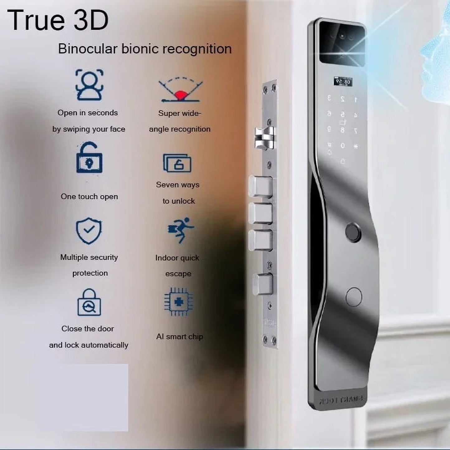 Smart Door Lock 3D Face Recognition Smart Home Door Lock Wifi NFC Digital Electronic Lock Wifi Camera Rfid Card Works ,Long Lasting