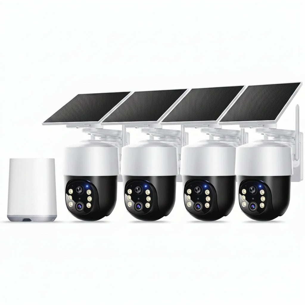 Wireless Outdoor Solar Security Camera 4-Cam Kit, 360° Auto Tracking with Radar, 5G/2.4G Wifi, 4K UHD Day & Night, No Fee, Home Security