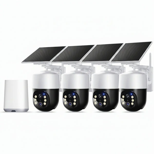 Wireless Outdoor Solar Security Camera 4-Cam Kit, 360° Auto Tracking with Radar, 5G/2.4G Wifi, 4K UHD Day & Night, No Fee, Home Security